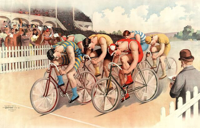 Bicycle race scene, print by Calvert Lithographic Co. (ca 1895)