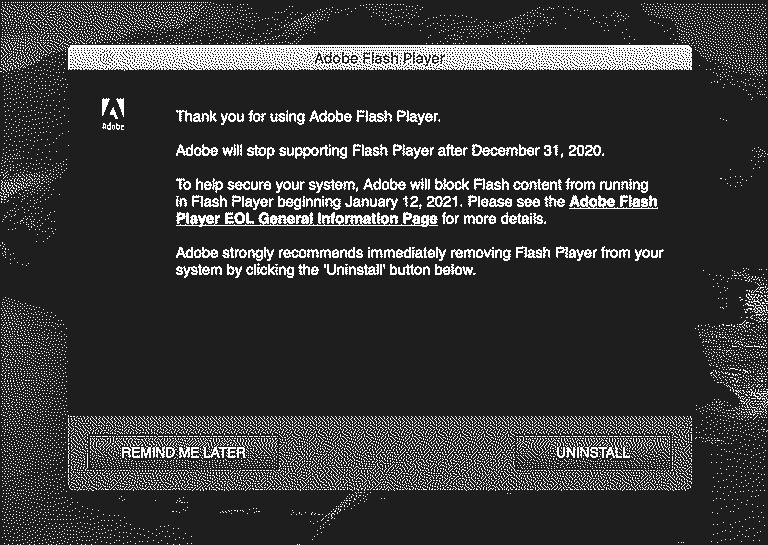 Screenshot of the Flash uninstaller announcing end-of-life on December 31, 2020